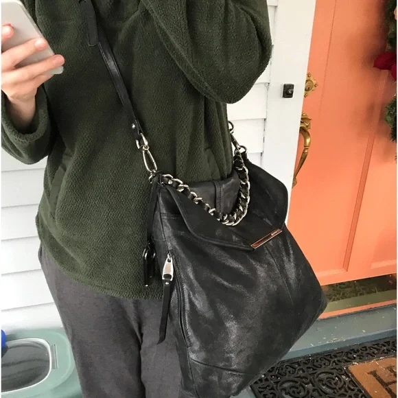 B Makowsky black leather XL purse tote crossbody Women